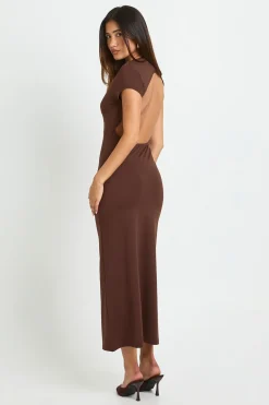boohoo Robe Midaxi Dos Nu À Manches Courtes En Jersey Supersoft Basique<Femme Looks Chocolat|Basiques