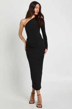 boohoo Robe Midaxi Drapée Asymétrique Longue<Femme Robes Moulantes|Robes À Manches Longues