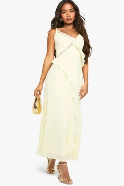 Robe midaxi à détails en dentelle chiffon et volants