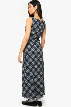 Robe midaxi en chiffon à carreaux avec encolure drapée