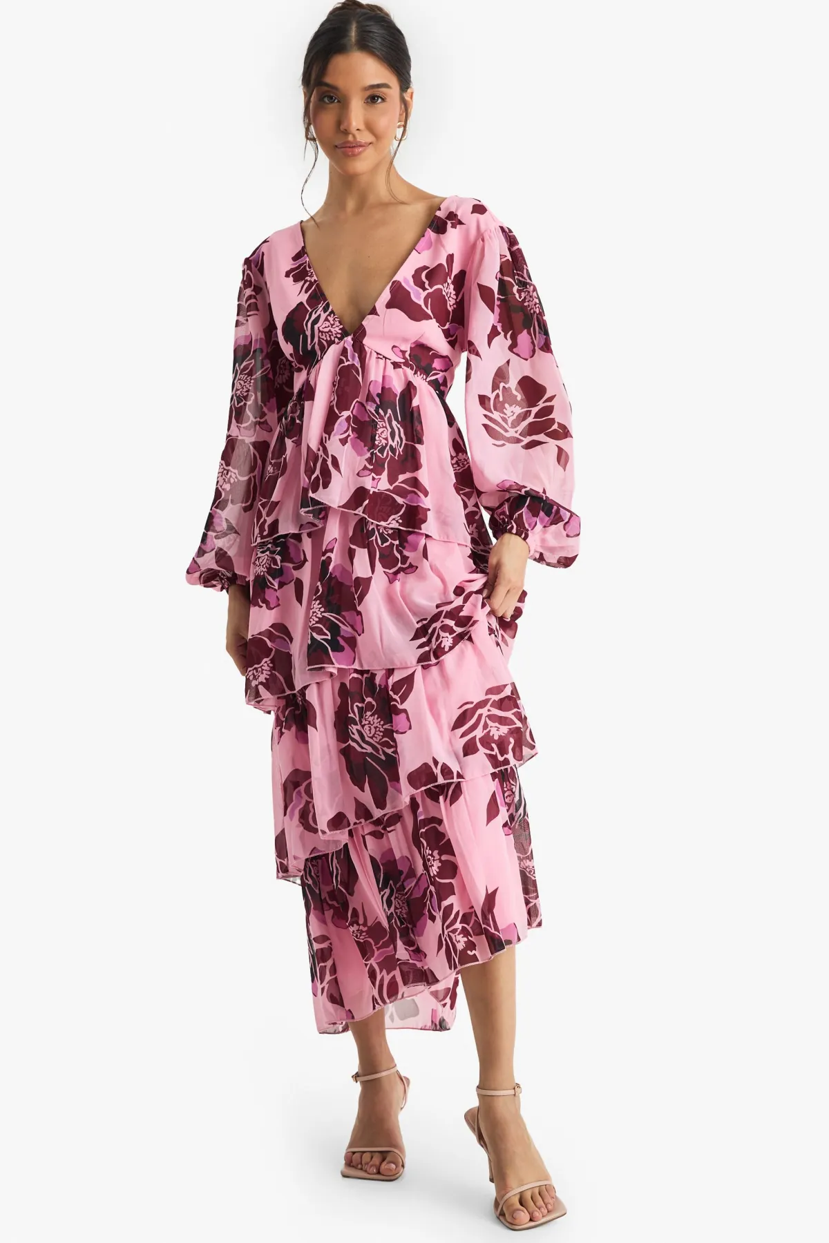 boohoo Robe Midaxi en Chiffon Floral à Décolleté Plongeant et Volants<Femme Robes À Manches Longues|Robes