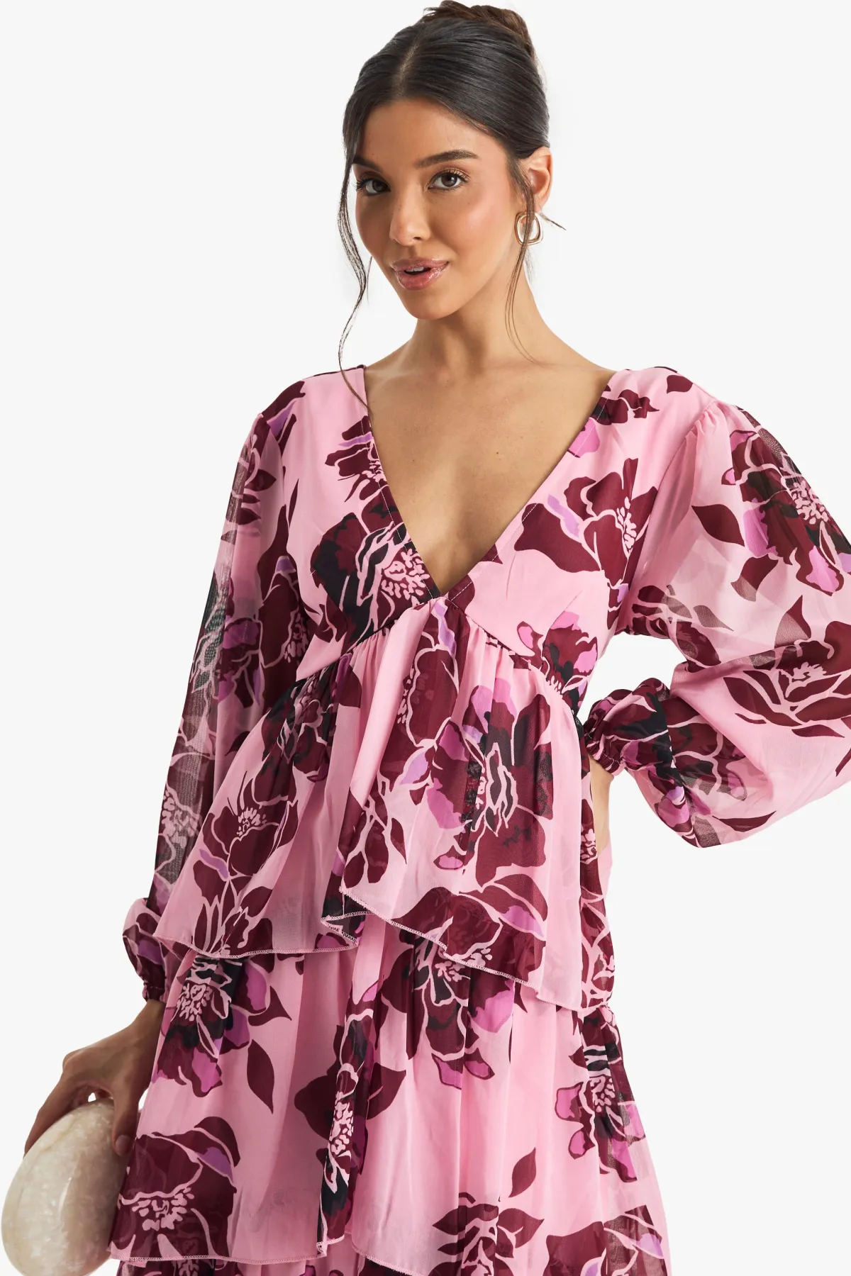 boohoo Robe Midaxi en Chiffon Floral à Décolleté Plongeant et Volants<Femme Robes À Manches Longues|Robes