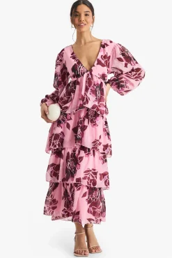 boohoo Robe Midaxi en Chiffon Floral à Décolleté Plongeant et Volants<Femme Robes À Manches Longues|Robes
