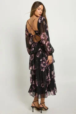 boohoo Robe midaxi en chiffon floral à décolleté plongeant et volants<Femme Robes À Manches Longues|Robes