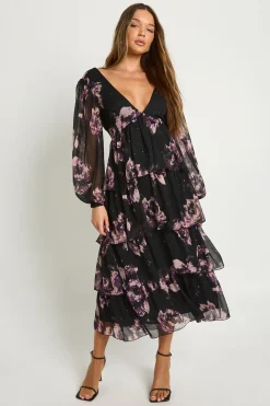 boohoo Robe midaxi en chiffon floral à décolleté plongeant et volants<Femme Robes À Manches Longues|Robes