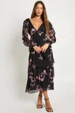 boohoo Robe midaxi en chiffon floral à décolleté plongeant et volants<Femme Robes À Manches Longues|Robes