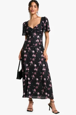 Robe midaxi en chiffon à imprimé floral avec manches d'ange