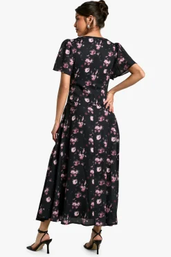 Robe midaxi en chiffon à imprimé floral avec manches d'ange
