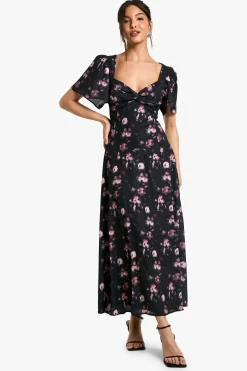 Robe midaxi en chiffon à imprimé floral avec manches d'ange