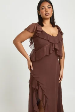 Robe midaxi en chiffon Plus à ourlet à volants et manches d'ange