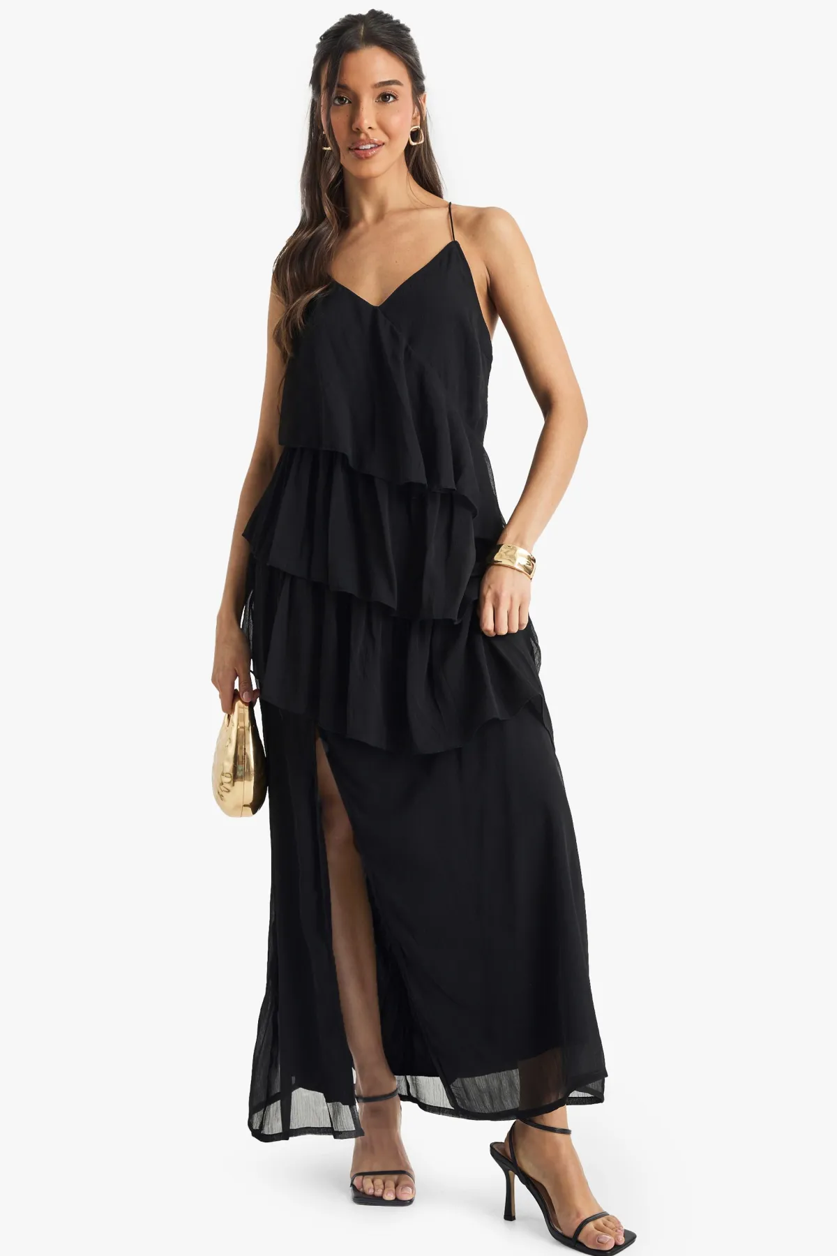 boohoo Robe midaxi en chiffon à volants avec dos croisé<Femme Robes|Toutes Les Robes