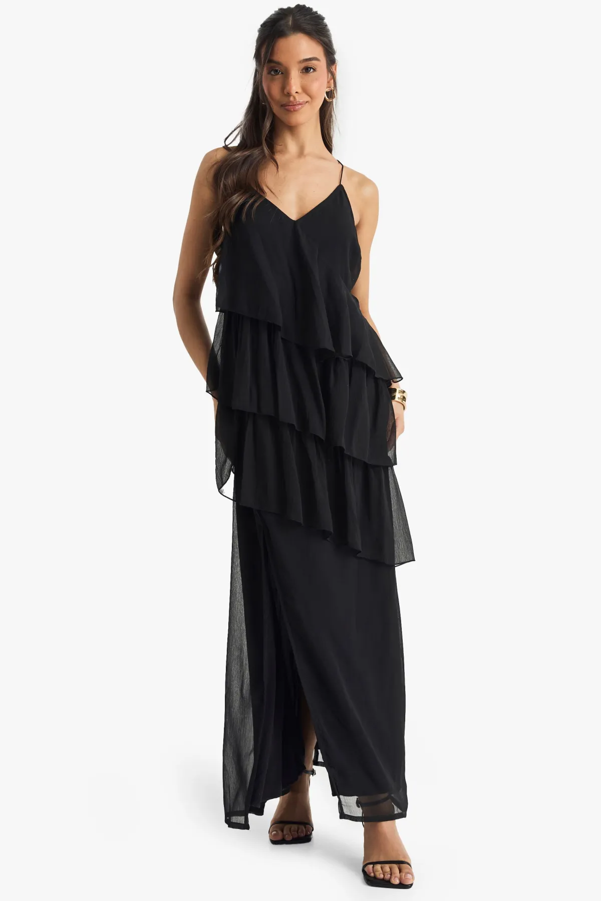 boohoo Robe midaxi en chiffon à volants avec dos croisé<Femme Robes|Toutes Les Robes