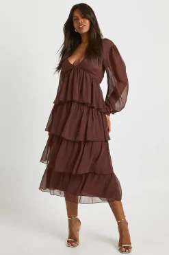 boohoo Robe midaxi en chiffon à volants<Femme Looks Chocolat|Robes À Manches Longues