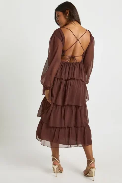 boohoo Robe midaxi en chiffon à volants<Femme Looks Chocolat|Robes À Manches Longues