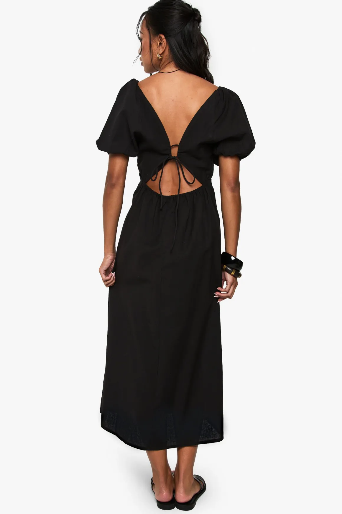Robe midaxi en lin avec dos noué et manches bouffantes