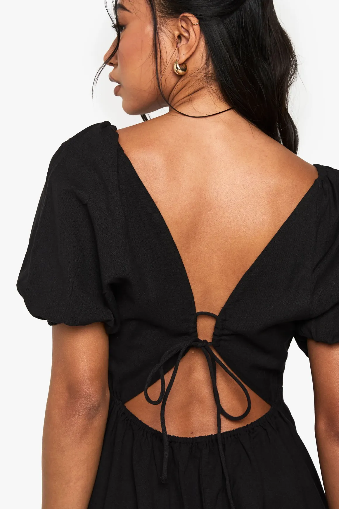 Robe midaxi en lin avec dos noué et manches bouffantes