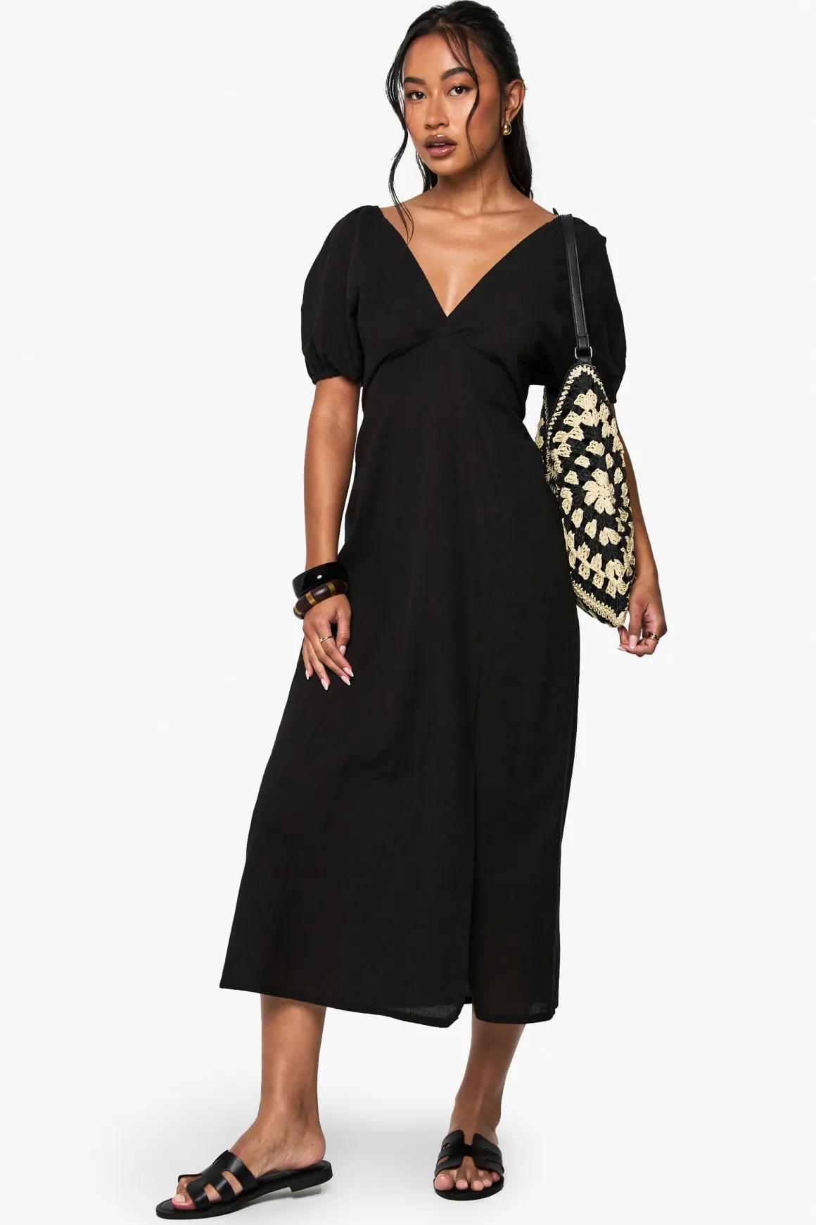 Robe midaxi en lin avec dos noué et manches bouffantes