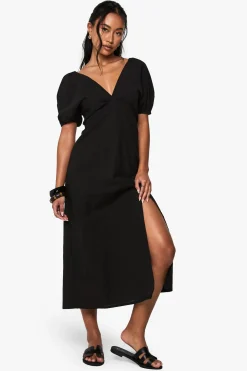 Robe midaxi en lin avec dos noué et manches bouffantes