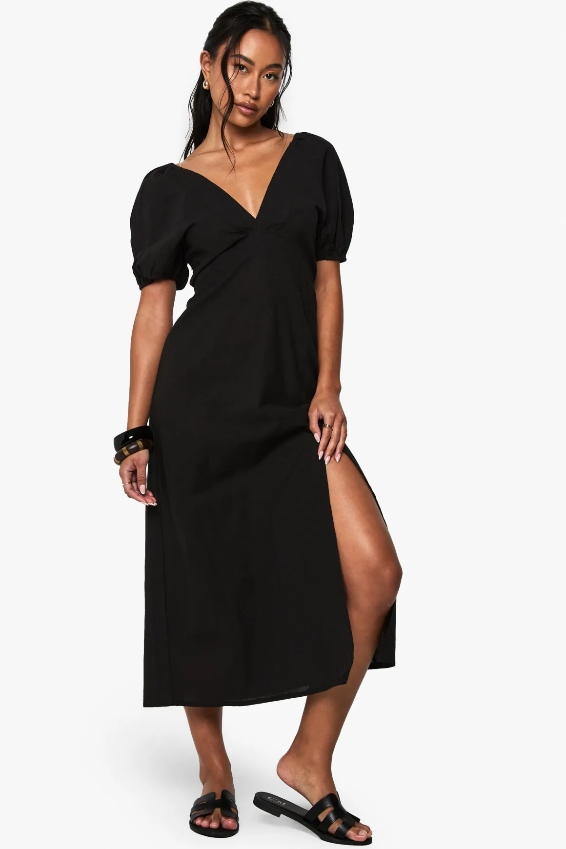 Robe midaxi en lin avec dos noué et manches bouffantes