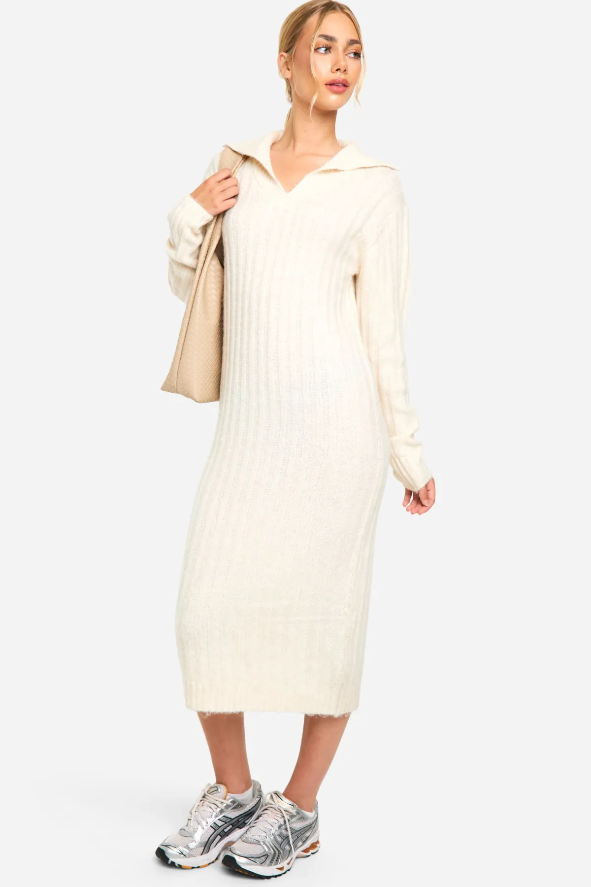 boohoo Robe Midaxi en maille douce avec détail de col côtelé épais<Femme Toutes Les Robes|Robes À Manches Longues
