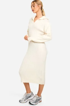 boohoo Robe Midaxi en maille douce avec détail de col côtelé épais<Femme Toutes Les Robes|Robes À Manches Longues