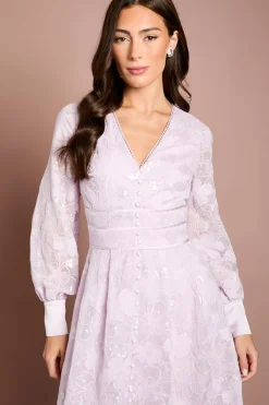 Robe Midaxi en Maille à Fleurs Pailletées avec Manches Bouffantes et Col en V