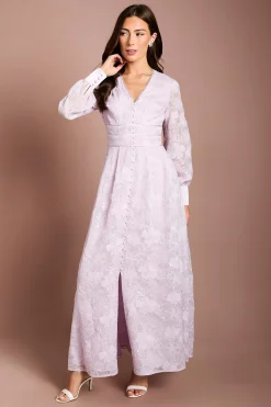 Robe Midaxi en Maille à Fleurs Pailletées avec Manches Bouffantes et Col en V