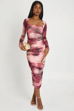 Robe Midaxi En Mesh Froncée À Encolure Carrée À Imprimé Floral Tonal