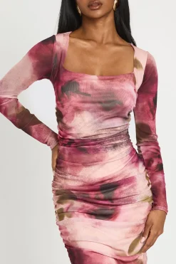 Robe Midaxi En Mesh Froncée À Encolure Carrée À Imprimé Floral Tonal