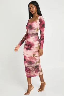 Robe Midaxi En Mesh Froncée À Encolure Carrée À Imprimé Floral Tonal