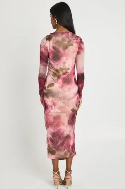 Robe Midaxi En Mesh Froncée À Encolure Carrée À Imprimé Floral Tonal