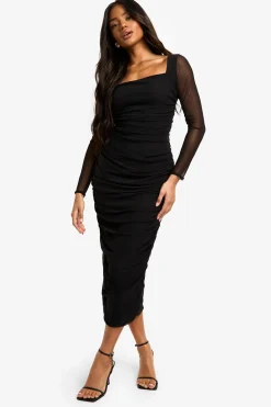 Robe Midaxi en Mesh Plissé à Col Carré