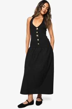 boohoo Robe midaxi en mélange de popeline côtelé avec garniture dorée étoile de mer<Femme Robes Patineuses|Robes