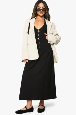 boohoo Robe midaxi en mélange de popeline côtelé avec garniture dorée étoile de mer<Femme Robes Patineuses|Robes