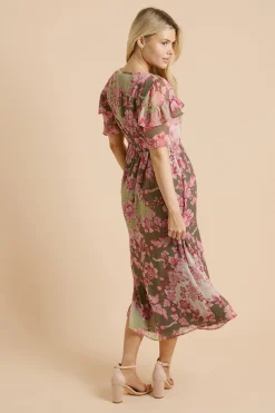 Robe Midaxi En Mousseline Imprimée Verte À Empiècement À Volants Et Manches Papillon