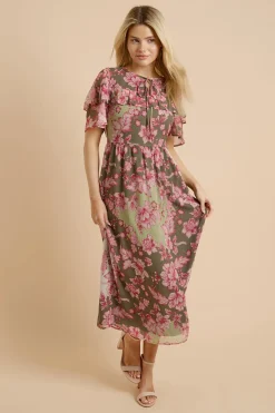 Robe Midaxi En Mousseline Imprimée Verte À Empiècement À Volants Et Manches Papillon