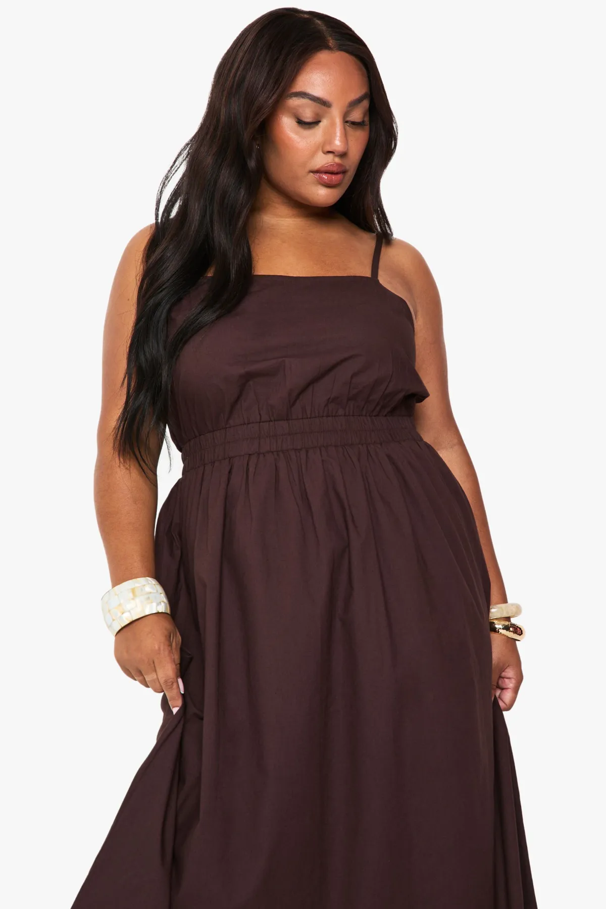 boohoo Robe Midaxi en Popeline de Coton Plus<Femme Looks Chocolat|Robes Patineuses