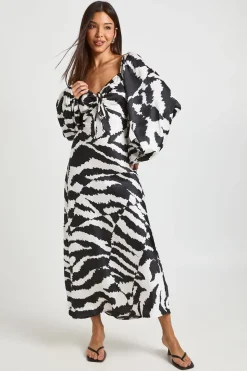 Robe Midaxi En Satin À Manches Bouffantes Imprimé Animaux Mélangés