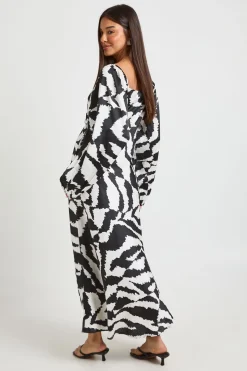 Robe Midaxi En Satin À Manches Bouffantes Imprimé Animaux Mélangés