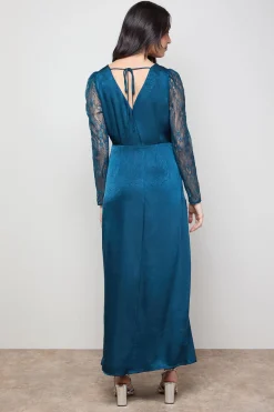 Robe Midaxi en Satin à Manches en Dentelle et Fente Devant