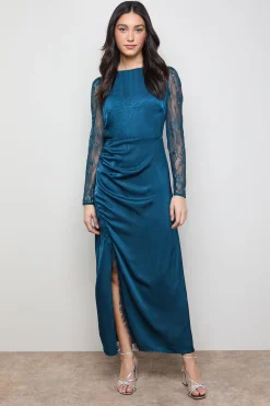 Robe Midaxi en Satin à Manches en Dentelle et Fente Devant