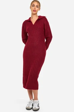 Robe midaxi en tricot doux avec détail de col côtelé épais
