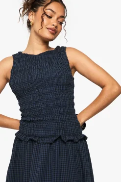Robe Midaxi en vichy avec détails froncés et taille basse