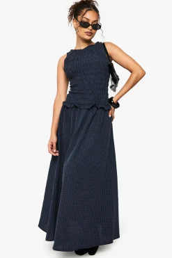 Robe Midaxi en vichy avec détails froncés et taille basse