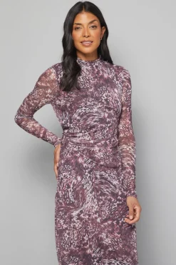 Robe Midaxi Froncée en Maille Imprimé Animal