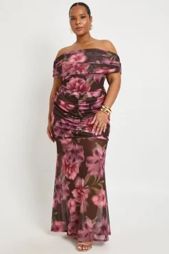 Robe Midaxi Grande Taille à Encolure Bardot et Corps Froncé