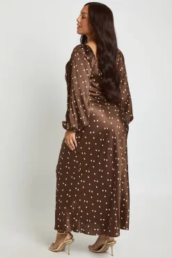 Robe Midaxi Grande Taille en Satin à Pois avec Manches Bouffantes