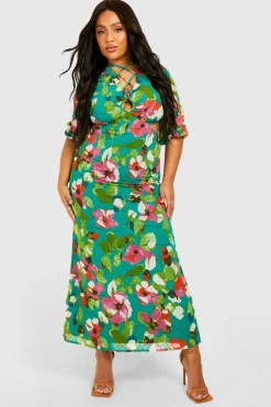 Robe midaxi grande taille tissée à imprimé floral, décolleté plongeant, manches longues