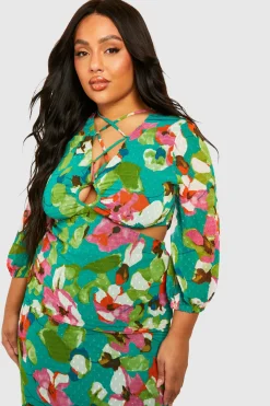 Robe midaxi grande taille tissée à imprimé floral, décolleté plongeant, manches longues