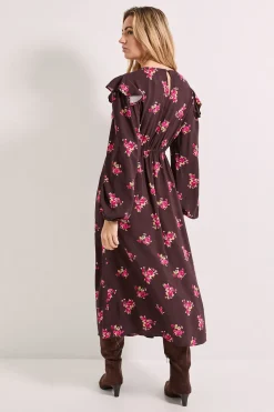 Dorothy Perkins Robe Midaxi Imprimée Chocolat à Motifs Ditsy avec Détail Nœud Contrastant et Volants<Femme Looks Chocolat|Robes À Manches Longues